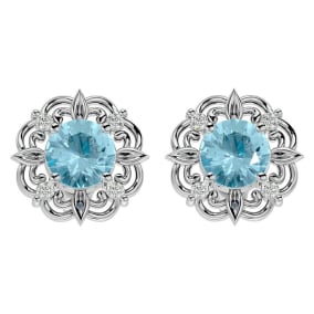 Retrograde Birthstones™ 1 1/2 Carat Aquamarine and Diamond Antique Stud Earrings In 14 Karat White Gold