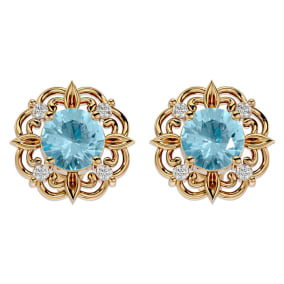 Aquamarine Earrings: Aquamarine Jewelry: 1 1/2 Carat Aquamarine and Diamond Antique Stud Earrings In 14 Karat Yellow Gold