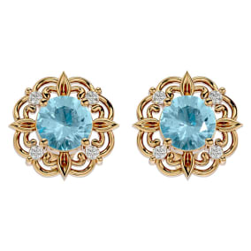 Retrograde Birthstones™ 1 1/2 Carat Aquamarine and Diamond Antique Stud Earrings In 14 Karat Yellow Gold