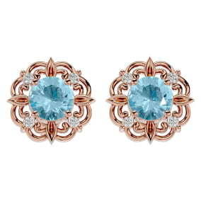 Aquamarine Earrings: Aquamarine Jewelry: 1 1/2 Carat Aquamarine and Diamond Antique Stud Earrings In 14 Karat Rose Gold