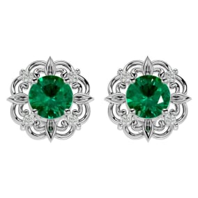 1 3/4 Carat Emerald and Diamond Antique Stud Earrings In 14 Karat White Gold