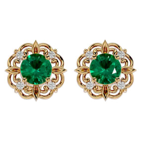 1 3/4 Carat Emerald and Diamond Antique Stud Earrings In 14 Karat Yellow Gold