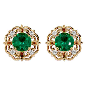 Retrograde Birthstones™ 1 3/4 Carat Emerald and Diamond Antique Stud Earrings In 14 Karat Yellow Gold