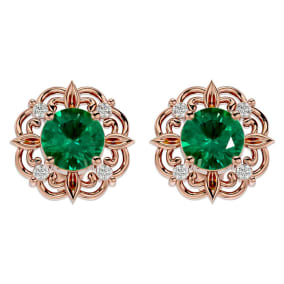 1 3/4 Carat Emerald and Diamond Antique Stud Earrings In 14 Karat Rose Gold