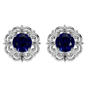 Retrograde Birthstones™ 2 1/5 Carat Sapphire and Diamond Antique Stud Earrings In 14 Karat White Gold