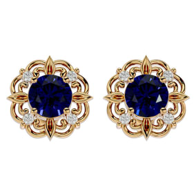 2 1/5 Carat Sapphire and Diamond Antique Stud Earrings In 14 Karat Yellow Gold