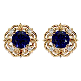 Retrograde Birthstones™ 2 1/5 Carat Sapphire and Diamond Antique Stud Earrings In 14 Karat Yellow Gold