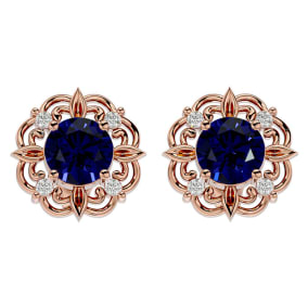 2 1/5 Carat Sapphire and Diamond Antique Stud Earrings In 14 Karat Rose Gold