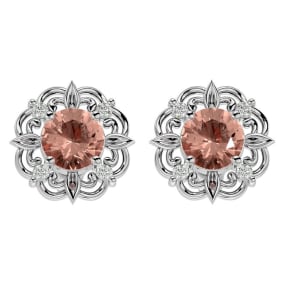 Retrograde Birthstones™ 1-3/4 Carat Round Shape Morganite Earrings with Diamond Antique Design Studs In 14 Karat White Gold
