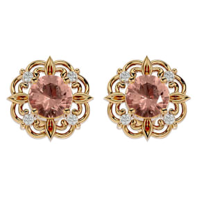 Retrograde Birthstones™ 1-3/4 Carat Round Shape Morganite Earrings with Diamond Antique Design Studs In 14 Karat Yellow Gold
