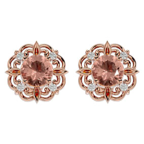 1-3/4 Carat Round Shape Morganite Earrings with Diamond Antique Design Studs In 14 Karat Rose Gold