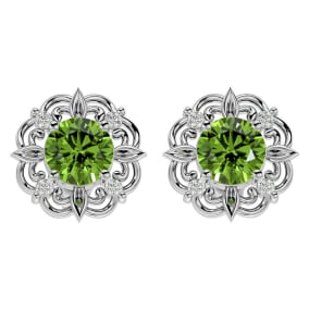 Retrograde Birthstones™ 1 3/4 Carat Peridot and Diamond Antique Stud Earrings In 14 Karat White Gold