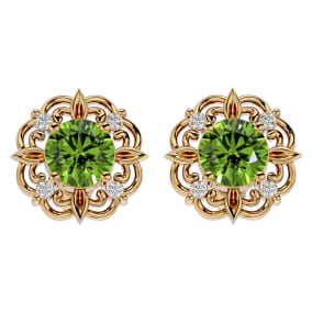 Retrograde Birthstones™ 1 3/4 Carat Peridot and Diamond Antique Stud Earrings In 14 Karat Yellow Gold