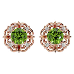 1 3/4 Carat Peridot and Diamond Antique Stud Earrings In 14 Karat Rose Gold