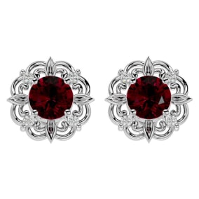 Retrograde Birthstones™ 2 1/5 Carat Ruby and Diamond Antique Stud Earrings In 14 Karat White Gold