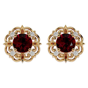 Retrograde Birthstones™ 2 1/5 Carat Ruby and Diamond Antique Stud Earrings In 14 Karat Yellow Gold