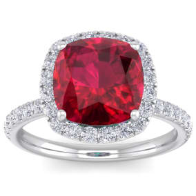 Ruby Ring: 5 1/2 Carat Cushion Cut Created Ruby and Halo Diamond Ring In Sterling Silver