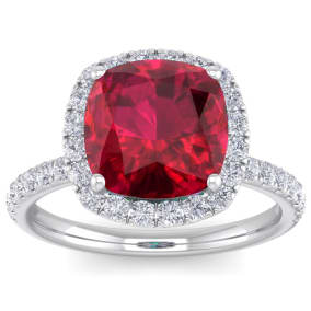 Retrograde Birthstones™ 5 1/2 Carat Cushion Cut Created Ruby and Halo Diamond Ring In Sterling Silver