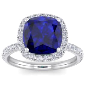 Sapphire Ring: 5 1/2 Carat Cushion Cut Created Sapphire and Halo Diamond Ring In Sterling Silver