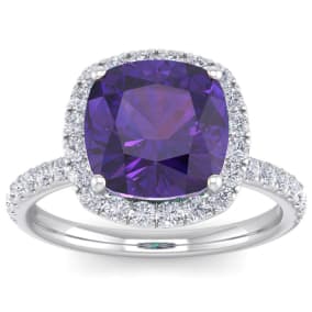 Amethyst Ring: 5 1/2 Carat Cushion Cut Amethyst and Halo Diamond Ring In Sterling Silver
