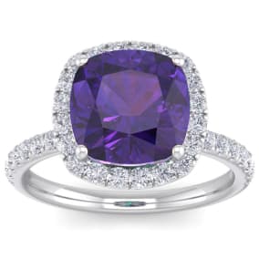 Retrograde Birthstones™ 5 1/2 Carat Cushion Cut Amethyst and Halo Diamond Ring In Sterling Silver
