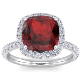 Retrograde Birthstones™ 5 1/2 Carat Cushion Cut Garnet and Halo Diamond Ring In Sterling Silver