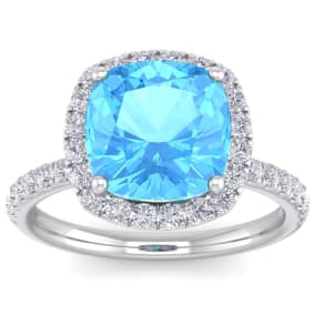 Retrograde Birthstones™ 5 1/2 Carat Cushion Cut Blue Topaz and Halo Diamond Ring In Sterling Silver