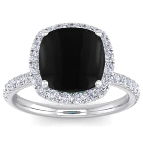 Black Onyx Ring: 5 1/2 Carat Cushion Cut Black Onyx and Halo Diamond Ring In Sterling Silver