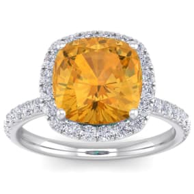 Citrine Ring: 5 1/2 Carat Cushion Cut Citrine and Halo Diamond Ring In Sterling Silver