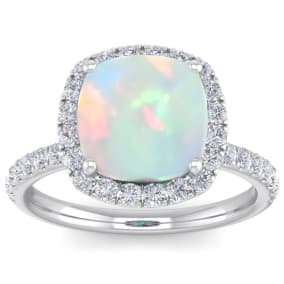 Opal Ring: 5 1/2 Carat Cushion Cut Created Opal and Halo Diamond Ring In Sterling Silver