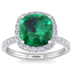 Emerald Ring: 5 1/2 Carat Cushion Cut Created Emerald and Halo Diamond Ring In Sterling Silver