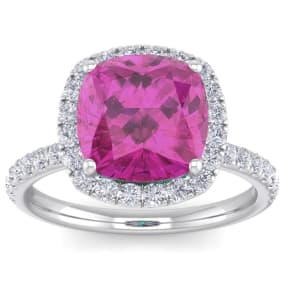 Pink Sapphire Ring: 5 1/2 Carat Cushion Cut Created Pink Sapphire and Halo Diamond Ring In Sterling Silver