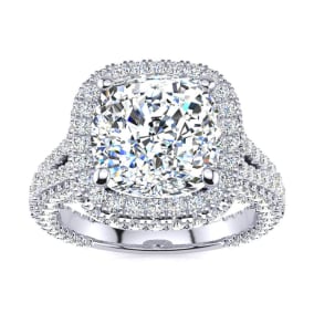 6 Carat Cushion Cut Lab Grown Diamond Halo Engagement Ring In 14K White Gold
