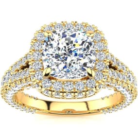 3 1/2 Carat Cushion Cut Lab Grown Diamond Halo Engagement Ring In 14K Yellow Gold