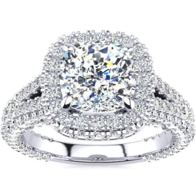 3 1/2 Carat Cushion Cut Lab Grown Diamond Halo Engagement Ring In 14K White Gold