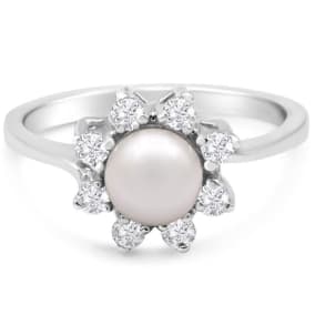 Retrograde Birthstones™ Round Freshwater Cultured Pearl and 1/3 Carat Halo Diamond Ring In 14 Karat White Gold