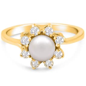 Retrograde Birthstones™ Round Freshwater Cultured Pearl and 1/3 Carat Halo Diamond Ring In 14 Karat Yellow Gold