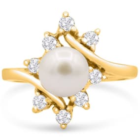 Retrograde Birthstones™ Round Freshwater Cultured Pearl and Halo Diamond Ring In 14 Karat Yellow Gold