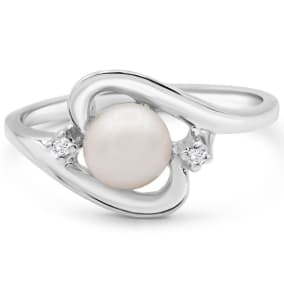 Retrograde Birthstones™ Round Freshwater Cultured Pearl and Diamond Accent Ring In 14 Karat White Gold