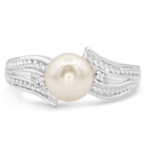 Retrograde Birthstones™ Round Freshwater Cultured Pearl and Diamond Vintage Ring In 14 Karat White Gold