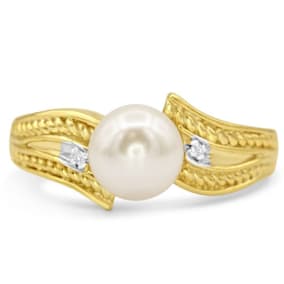 Retrograde Birthstones™ Round Freshwater Cultured Pearl and Diamond Vintage Ring In 14 Karat Yellow Gold