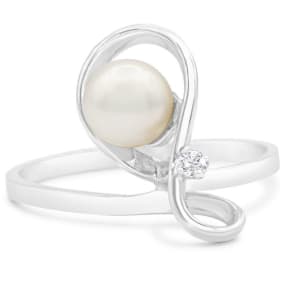 Round Freshwater Cultured Pearl and Diamond Figure 8 Ring In 14 Karat White Gold