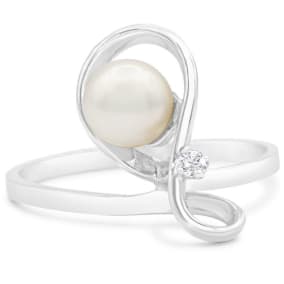 Retrograde Birthstones™ Round Freshwater Cultured Pearl and Diamond Figure 8 Ring In 14 Karat White Gold