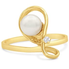 Retrograde Birthstones™ Round Freshwater Cultured Pearl and Diamond Figure 8 Ring In 14 Karat Yellow Gold