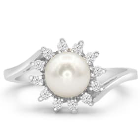 Round Freshwater Cultured Pearl and 1/4ct Halo Diamond Ring In 14 Karat White Gold