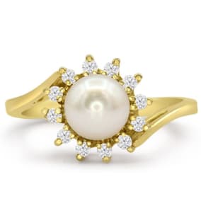 Retrograde Birthstones™ Round Freshwater Cultured Pearl and 1/4ct Halo Diamond Ring In 14 Karat Yellow Gold