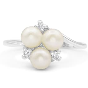 Round Freshwater Cultured Pearl and Diamond Cluster Ring In 14 Karat White Gold