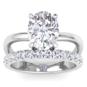3 1/2 Carat Oval Shape Lab Grown Diamond Halo Engagement Ring Plus Band In 14K White Gold
