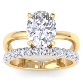 3 1/2 Carat Oval Shape Lab Grown Diamond Halo Engagement Ring Plus Band In 14K Yellow Gold