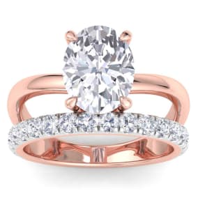 3 1/2 Carat Oval Shape Lab Grown Diamond Halo Engagement Ring Plus Band In 14K Rose Gold
